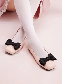 CUCCOO DOLLMOD Flat Square Toe Ballerina Shoes With Pink Bow, French Style For Women Vacation Shoes Summer - Pink - View 4