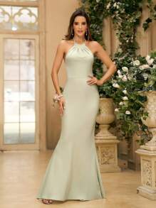 SHEIN Belle Elegant Women's Green Satin Halter Neck Pleated Backless Mermaid Bridesmaid Dress - Green - View 4