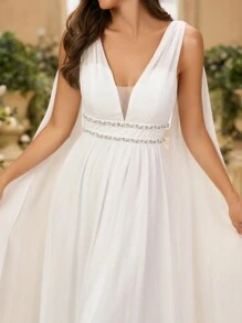 SHEIN Belle Chiếc váy hở lưng bằng vải voan trắng tuyệt đẹp thanh lịch với trang trí sequin xếp nếp và váy chữ A dài đến sàn, váy cưới - trắng - Xem 3