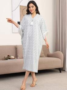 Summer Elegant Embroidered Tassel Batwing Sleeve Arabic Style Dress - Green - View 9