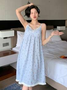 DAZY Váy ngủ Cami phối ren hoa sang trọng lãng mạn dành cho nữ - Màu xanh lam - Xem 6