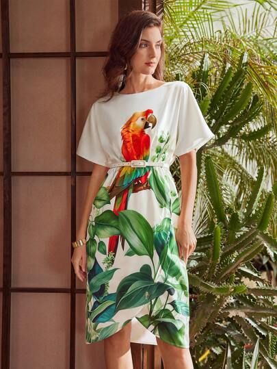 MOTF PREMIUM 鸚鵡和熱帶印花綁腰收腰裙