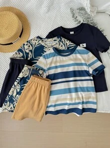 6pcs Young Boy Casual Striped & Leaf Print Short Sleeve T-Shirt With Elastic Waist Shorts, Holiday Outfits
