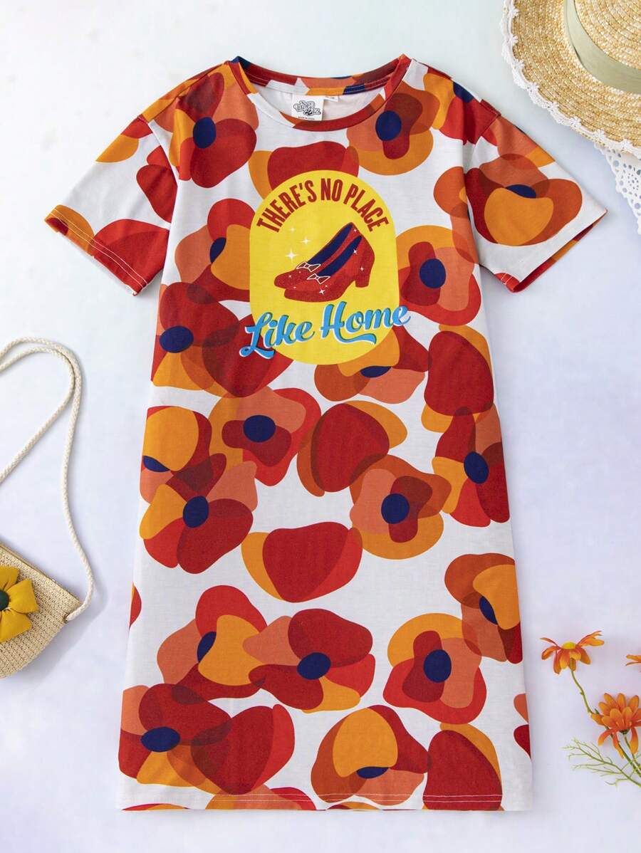 The Wizard of Oz X SHEIN Tween Girl High Heels Floral Full Printed Circle Neckline Nightdress - Multicolor - View 1