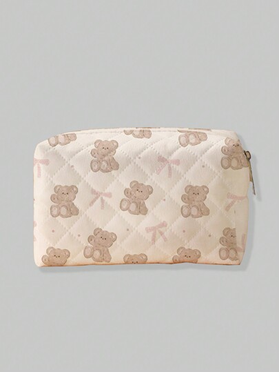 Kawaii Bear And Bow Pattern Octagonal Flannel Cosmetic Bag