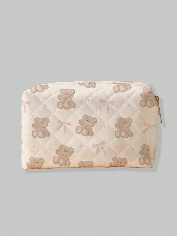 ROMWE Kawaii Bear And Bow Pattern Octagonal Flannel Cosmetic Bag