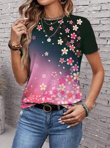EMERY ROSE Floral Print Summer Short Sleeve Slim Fit Women's T-Shirt - Multicolor - View 3