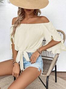 Breezaya Women's Summer Casual Off-Shoulder Strap Ruffle Trimmed Blouse - Apricot - View 4