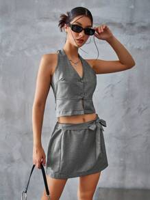 Chiquease 2 piezas Conjunto de Mujer: Top corto gris con diseño atractivo sin espalda y lazo al frente, con lazo en la cintura y detalle de moño; Falda corta - Gris - Ver 2