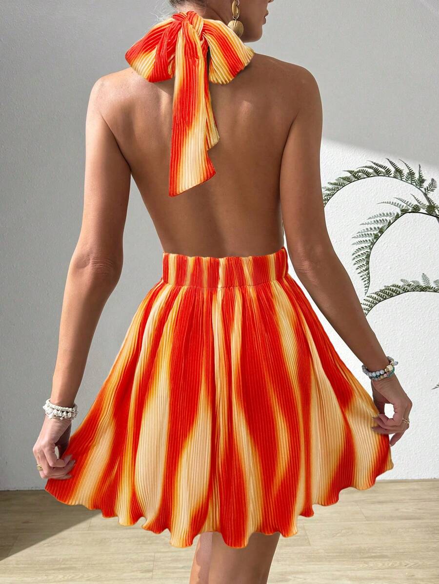 Breezaya 女士時尚印花打褶領口無背心假日連衣裙，帶領結 - 彩色 - 查看 1