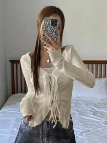 DAZY Áo thun dài tay buộc nơ phía trước họa tiết chắp vá màu trơn xuân/hè dành cho nữ, Quần áo mùa thu, Quần áo trở lại trường - Màu be - Xem 3