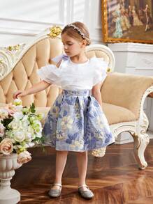 SHEIN Set aus 2 Teilen für Kleine Mädchen: Gerüschte Bluse mit Puffärmeln und Jacquard Rock