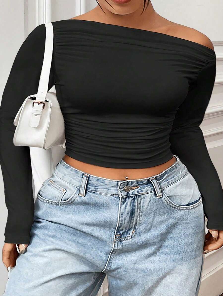 SHEIN LUNE 大碼女士不對稱領口長袖修身T卹，褶皺下擺，適用於春夏 - 黑色 - 查看 1