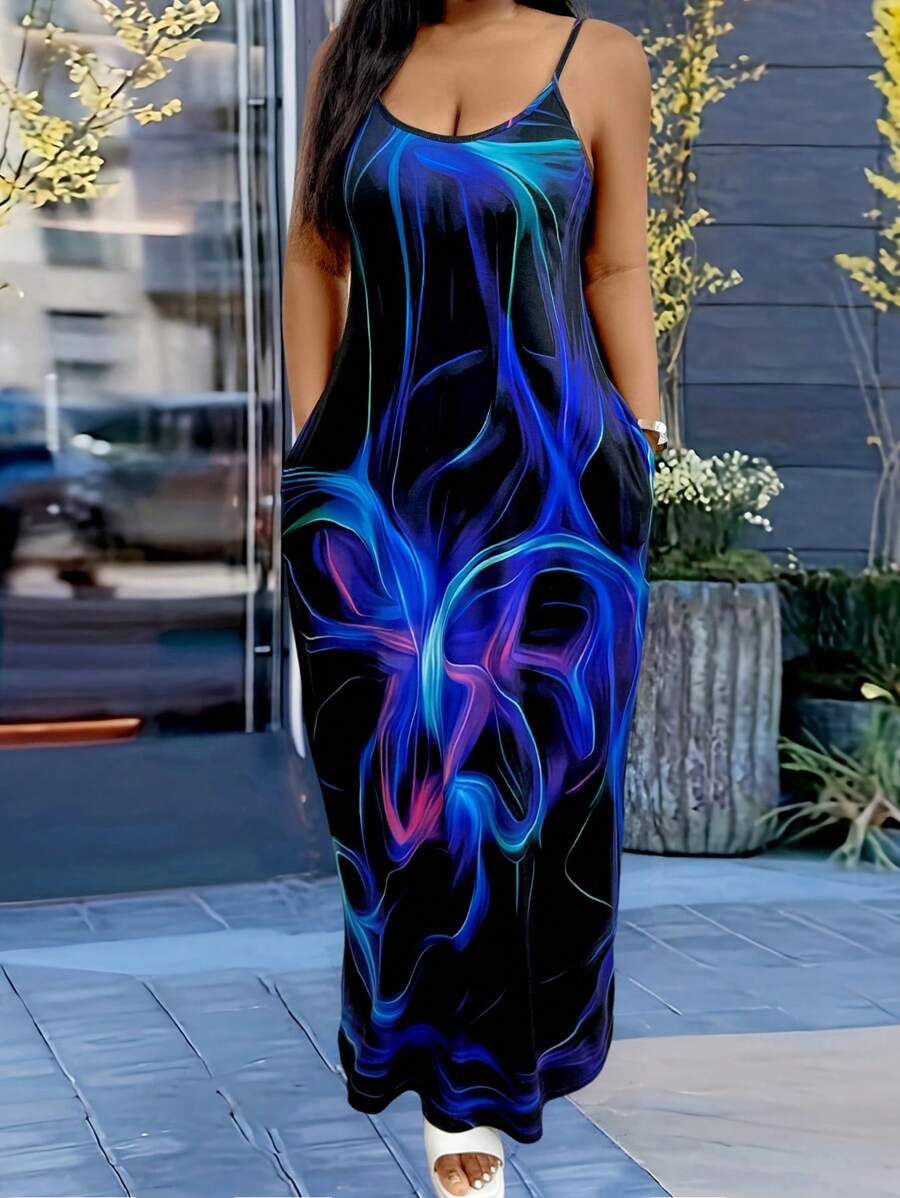 EMERY ROSE 大碼女士夏季染色印花長款休閒無袖連衣裙 - 藍色 - 查看 1