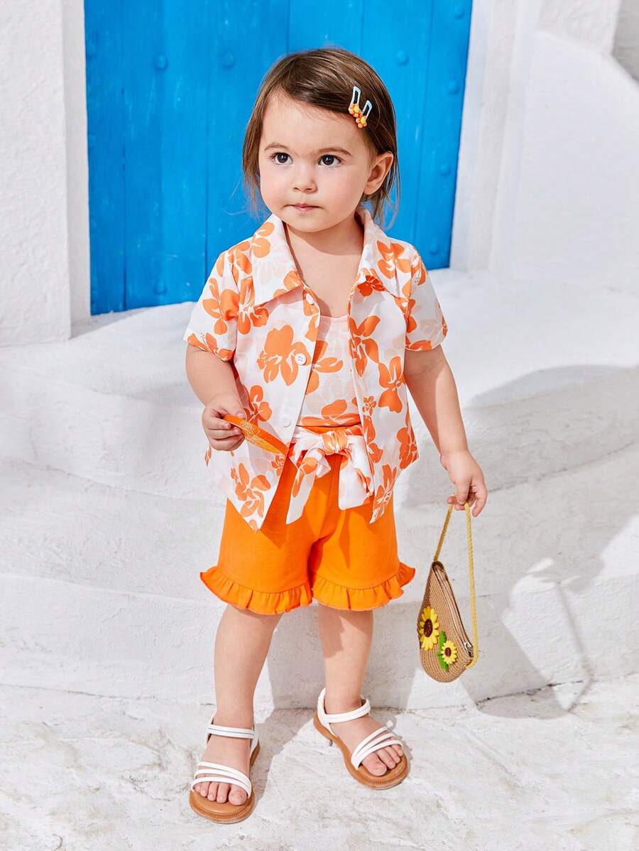 SHEIN Summer Fashion Floral Printed Baby Girl Outfit Set