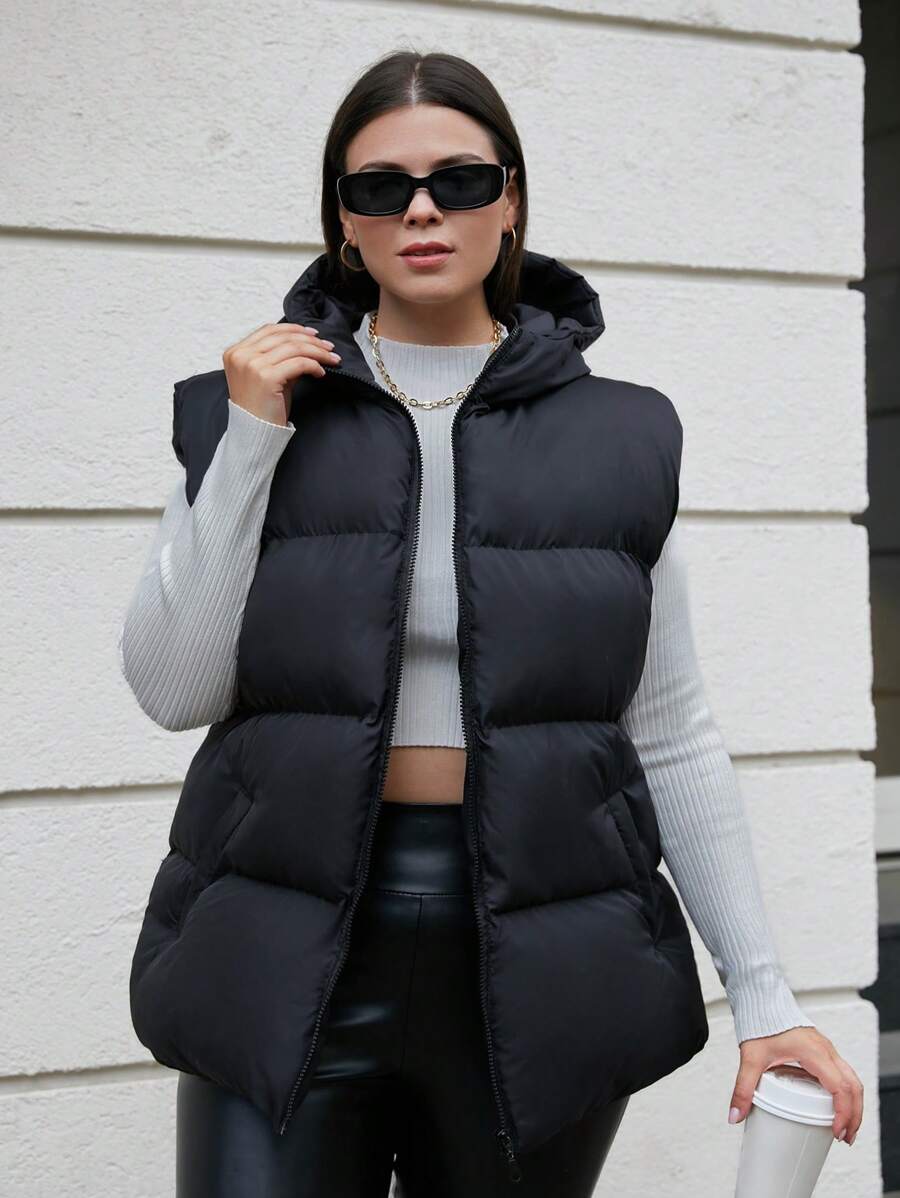 RueChic Plus Size Zip Up Hooded Puffer Vest Coat - Black - View 1