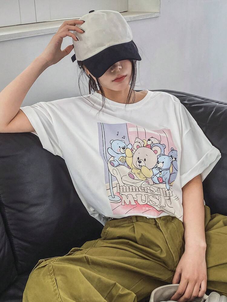 Women's Summer Casual Short Sleeve T-Shirt With Bear And Letter Print