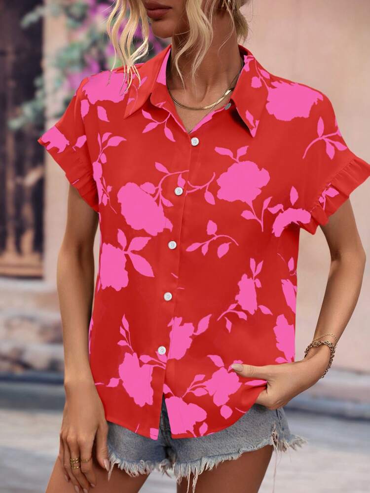 Summer Vacation Printed Asymmetrical Hem Ruffled Women's Short Sleeve Shirt