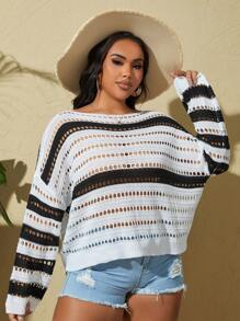 SHEIN Swim Curve Summer Beach Plus Size Hollow Out Striped Knitted Cover-Up Top For Holiday - Multicolor - View 6