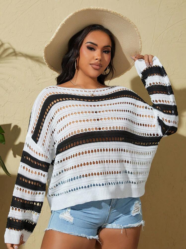 Summer Beach Plus Size Hollow Out Striped Knitted Cover-Up Top For Holiday