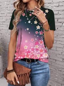 EMERY ROSE Floral Print Summer Short Sleeve Slim Fit Women's T-Shirt - Multicolor - View 4