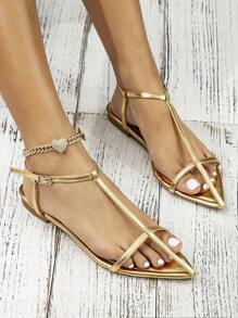Giày Đế Bằng Mũi Nhọn Với Chi Tiết Khoét Hở Và Dây Đeo Mắt Cá Chân, Dép Đi Chân Trần Phong Cách Kỳ Nghỉ Ngoài Trời Đa Năng Cho Nữ - Vàng - Xem 4