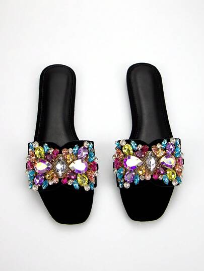 Women's Glamorous Multicolor Butterfly Shaped Rhinestone Buckle Black Suede Fashion Square Toe Daily Party Flat Mules Sandals Valentines