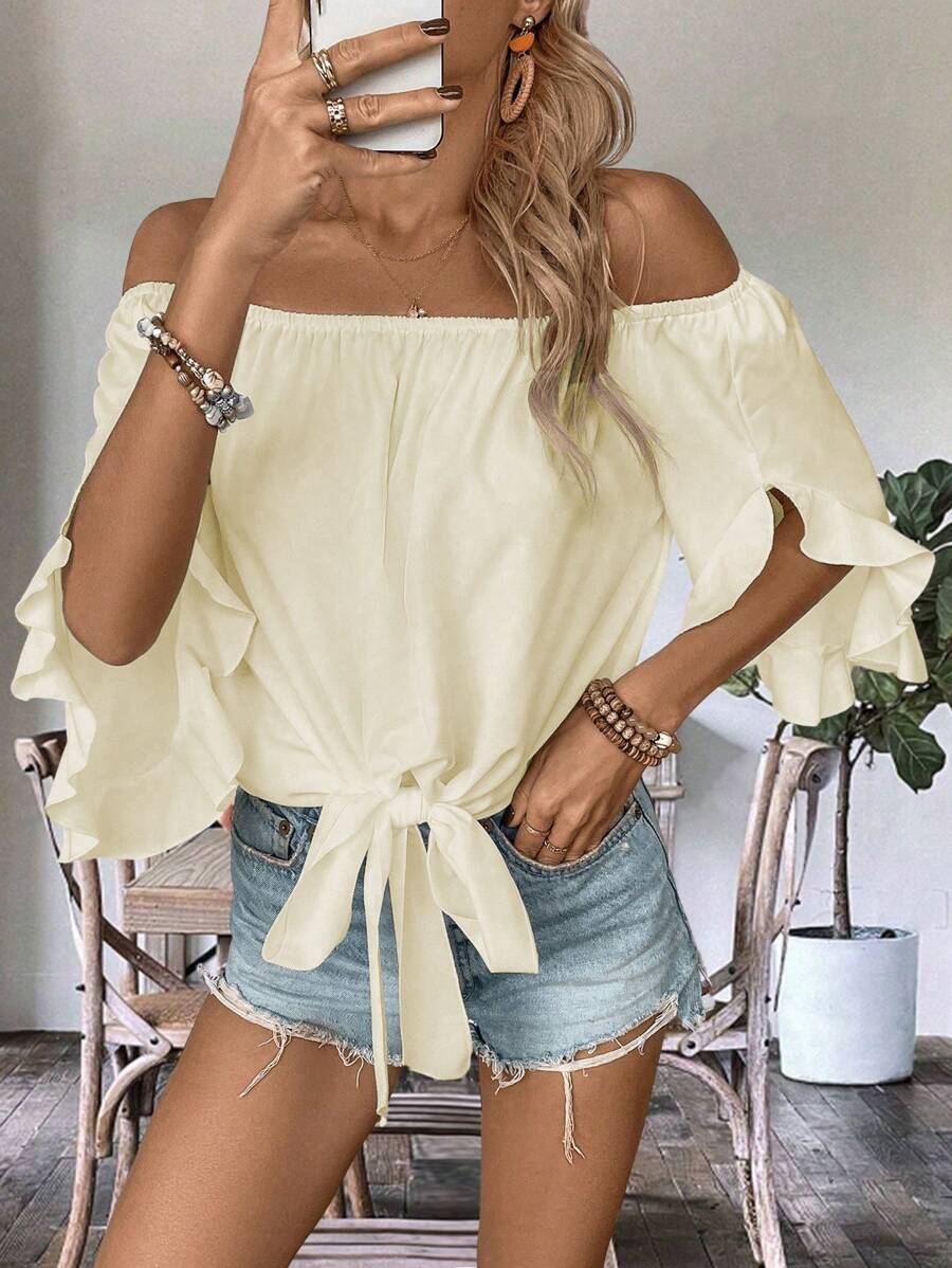 Breezaya Women's Summer Casual Off-Shoulder Strap Ruffle Trimmed Blouse - Apricot - View 1