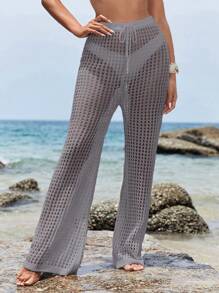 SHEIN Swim Holiday Pool Solid Hollow Knitted Cover Up Pants,Summer Beach - Dusty Purple - View 2