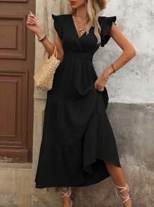 SHEIN Clasi Solid Color V-Neck Ruffle Armhole Waist-Tied Dress For Summer - Black - View 1