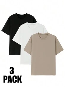 SHEIN EZwear Paquete de 3 camisetas básicas de cuello redondo de manga corta y unicolor para mujer - Multicolor - Ver 1