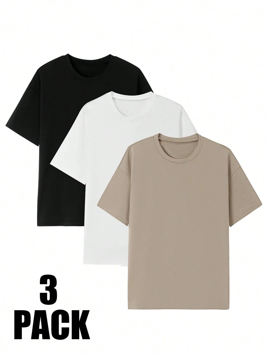 SHEIN EZwear Paquete de 3 camisetas básicas de cuello redondo de manga corta y unicolor para mujer - Multicolor - Ver 1