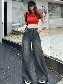 DAZY Ladies' Plain Simple Daily Fashion Denim Trousers,Baggy Jeans