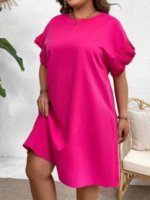 Celure 大尺碼純色蝙蝠袖流蘇褶裙連衣裙 - 玫紅色 - 查看 5