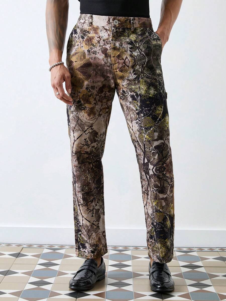 Forever 21 Men's Loose Fit Straight Leg Cargo Pants With Features Carpenter-Style Details Printed In Brown - Brown - View 1