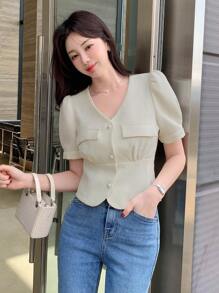 DAZY Women's Elegant Solid Color V-Neck Puff Sleeve Blouse For Summer Preppy Tops - Beige - View 6