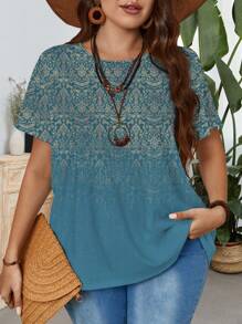 EMERY ROSE تي شيرت نسائي بقصّة عادية للصيف ذو رقبة دائرية وأكمام قصيرة بطبعات زهور عتيقة للحجم الزائد