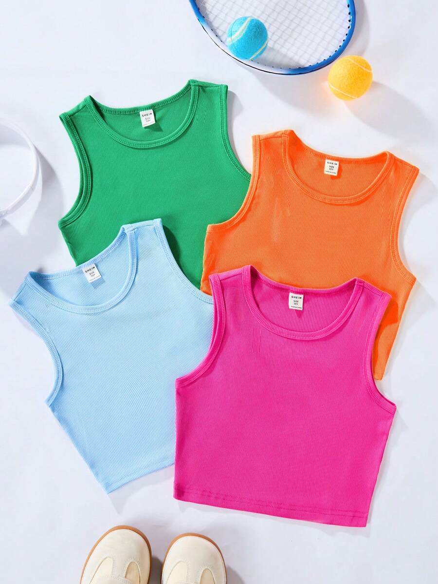 SHEIN 4pcs Tween Girl Spring/Summer Casual Solid Round Neck Ribbed Tank Top Summer Holiday - Multicolor - View 1