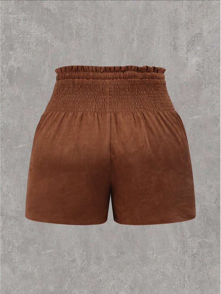 Women's Plus Size Elastic Waist Pleated Beach Summer Shorts For Casual & Holiday In Solid Color