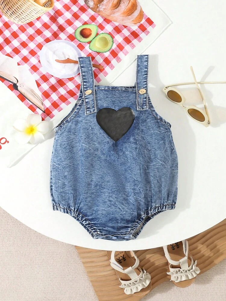 Baby Girl Cute Heart Print Casual Denim Romper With Straps