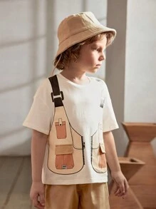 Cozy Pixies 男童貨運風格帶口袋圓領短袖上衣 - 杏色 - 查看 1