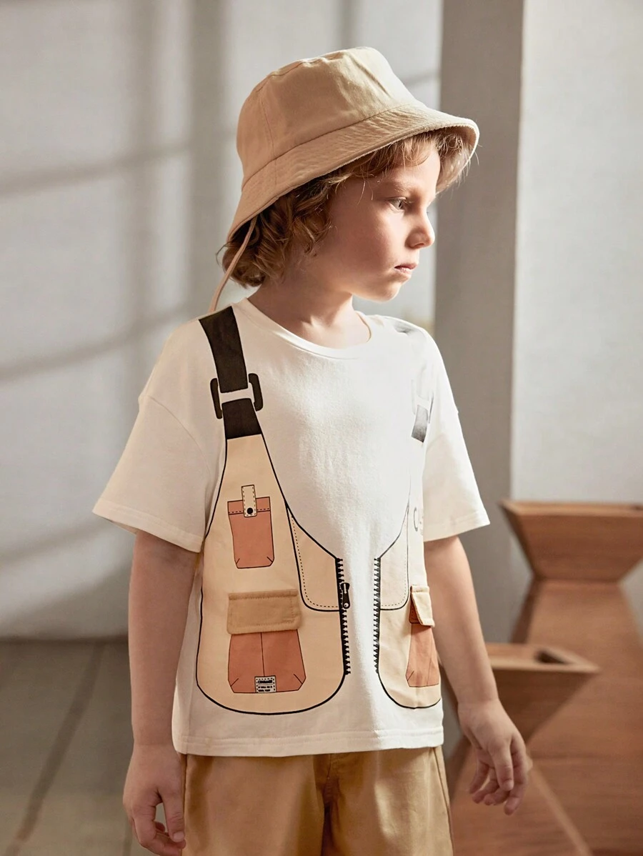 Cozy Pixies 男童貨運風格帶口袋圓領短袖上衣 - 杏色 - 查看 1