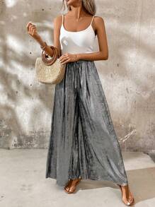 SHEIN LUNE Pantalones plateados casuales de pierna ancha con bolsillos para verano - Plateado - Ver 5