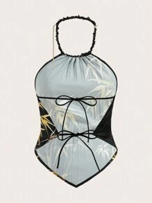EastFlair New Chinese Style Beaded Chain Pendant Bamboo Print Pleated Tank Top For Women, Suitable For Parties And Dates
