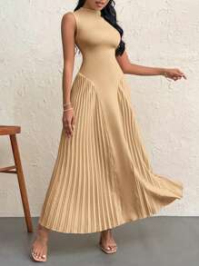 Firerie Vestido elegante de línea A ajustado y plisado para mujer - Caqui - Ver 3
