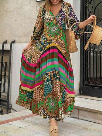 V领灯笼袖全图案印花休闲连衣裙，时尚