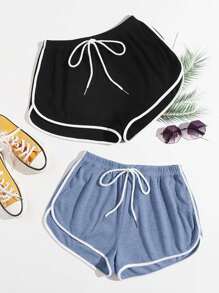 SHEIN EZwear 夏季服装 2 条装 打结腰身海豚短裤 - 霧霾藍 - 查看 1