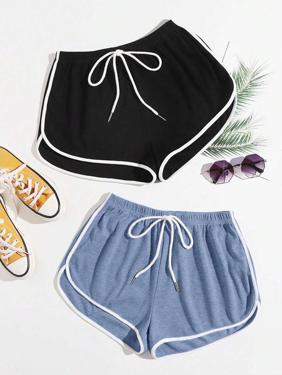 SHEIN EZwear 夏季服装 2 条装 打结腰身海豚短裤 - 霧霾藍 - 查看 1