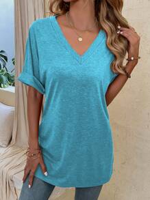 SHEIN LUNE Women's Summer Solid Color V-Neck Short Sleeve Casual T-Shirt
