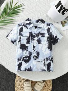 SHEIN Young Boy Street-Style Printed Collar Short Sleeve Workwear Pocket Shirt